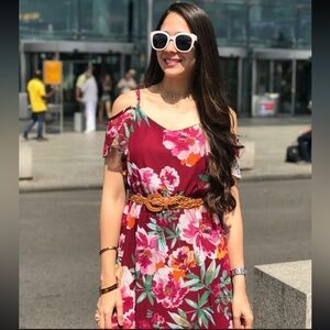 Robert Louis Women’s M Multi Burgundy Floral Off-Shoulder Belted Maxi Dress EUC